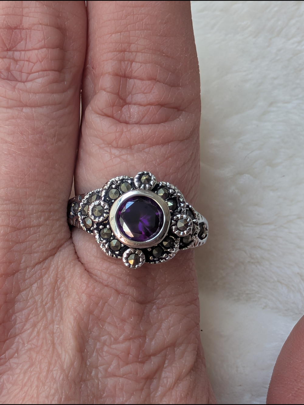 RBC Purple Stone Marcasite Style Floral Statement Ring Size 9.25